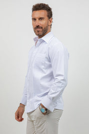 Men's white cotton blend guayabera shirt, long sleeve, front view, wide pleated front (view 2), Mojito Collection