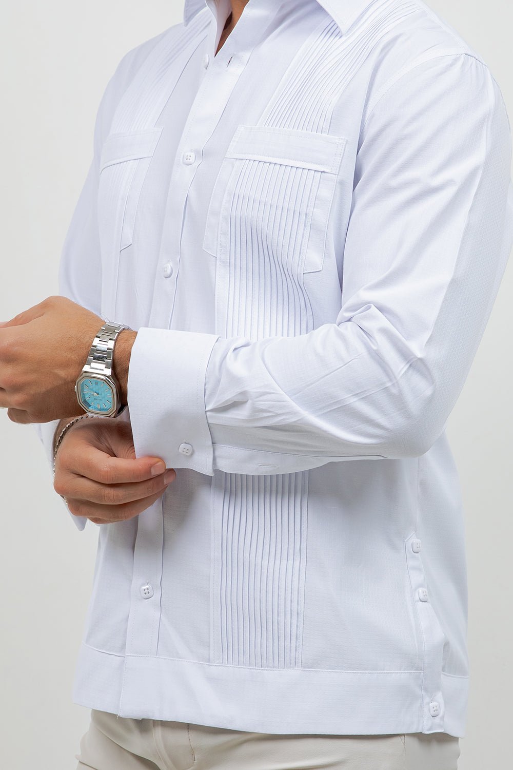 Men's white cotton blend guayabera shirt, long sleeve, wide pleated front, Mojito Collection