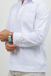 Men's white cotton blend guayabera shirt, long sleeve, wide pleated front, Mojito Collection