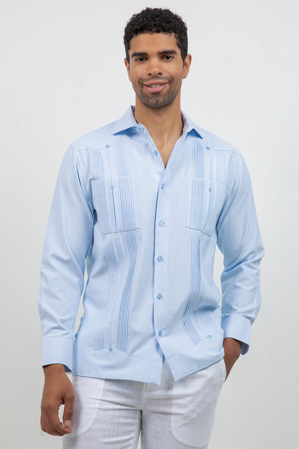 Cotton Blend Guayabera Long Sleeve Two Pocket Square Pleated
