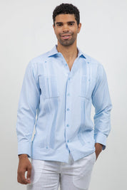 Cotton Blend Guayabera Long Sleeve Two Pocket Square Pleated