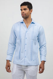 Cotton Blend Guayabera Long Sleeve Two Pocket Square Pleated