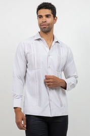Cotton Blend Guayabera Long Sleeve Two Pocket Square Pleated