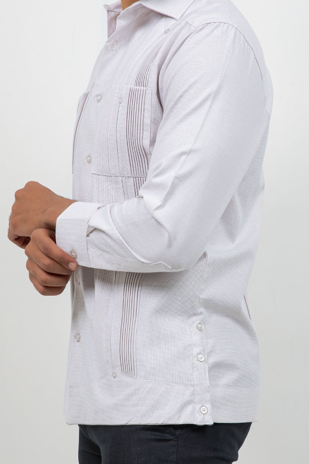 Cotton Blend Guayabera Long Sleeve Two Pocket Square Pleated