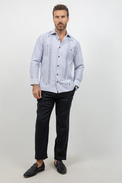 Cotton Blend Guayabera Long Sleeve Two Pocket Square Pleated
