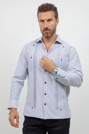 Cotton Blend Guayabera Long Sleeve Two Pocket Square Pleated