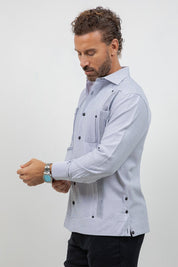 Cotton Blend Guayabera Long Sleeve Two Pocket Square Pleated