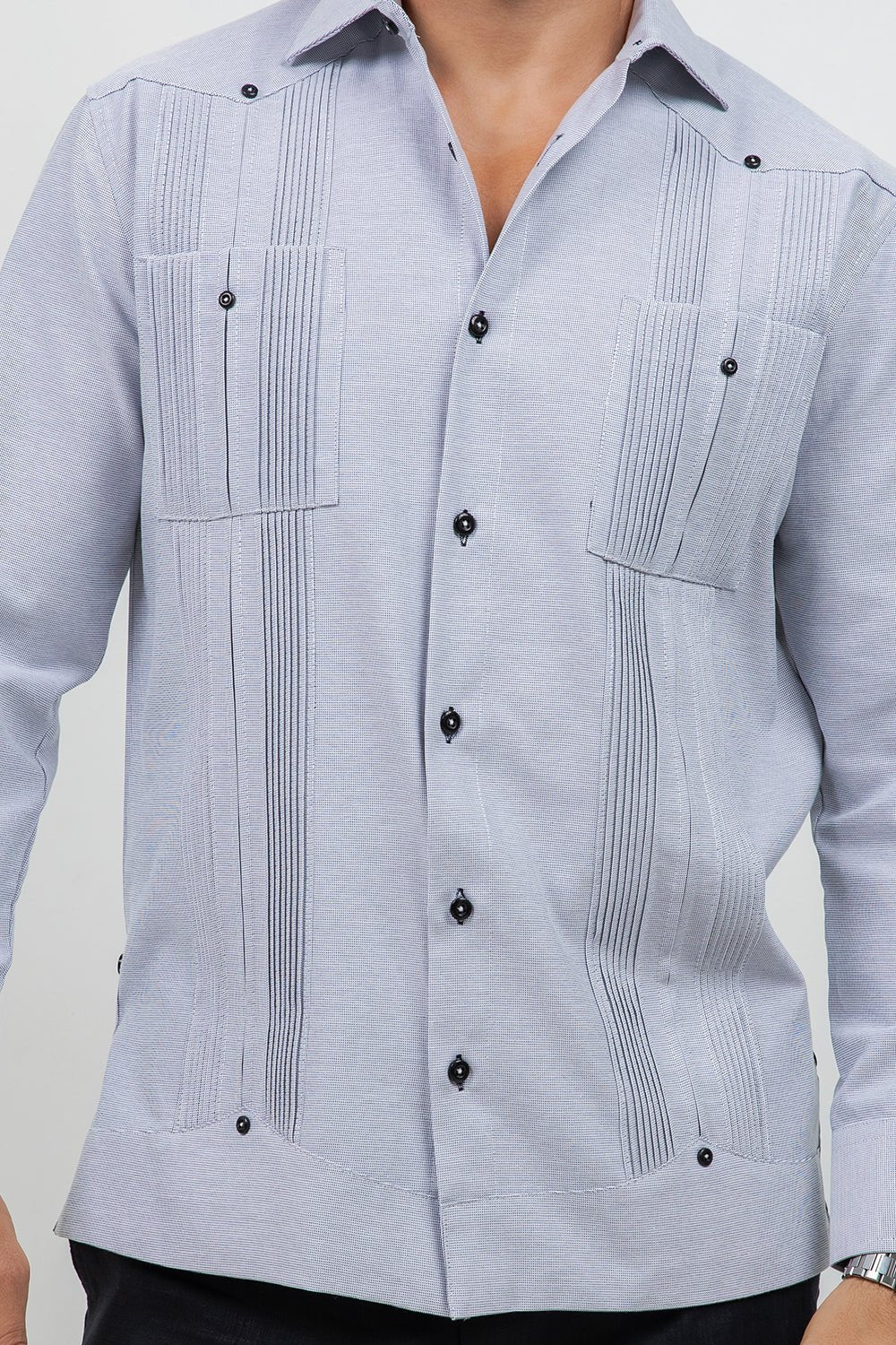 Cotton Blend Guayabera Long Sleeve Two Pocket Square Pleated