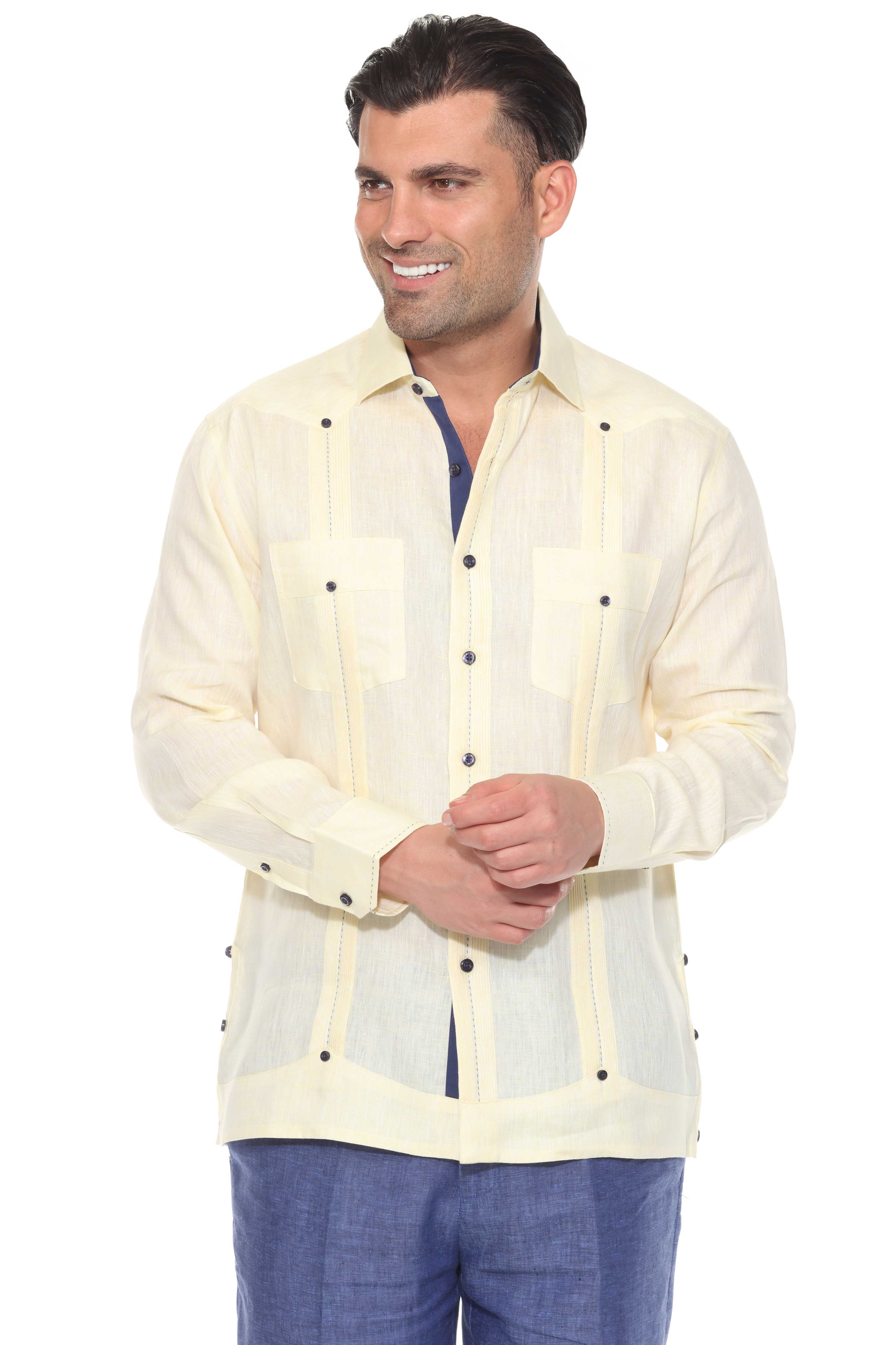Mojito Men's 100% Linen Guayabera Chacabana Shirt Long Sleeve with Contrast Trim & Modern Pleats