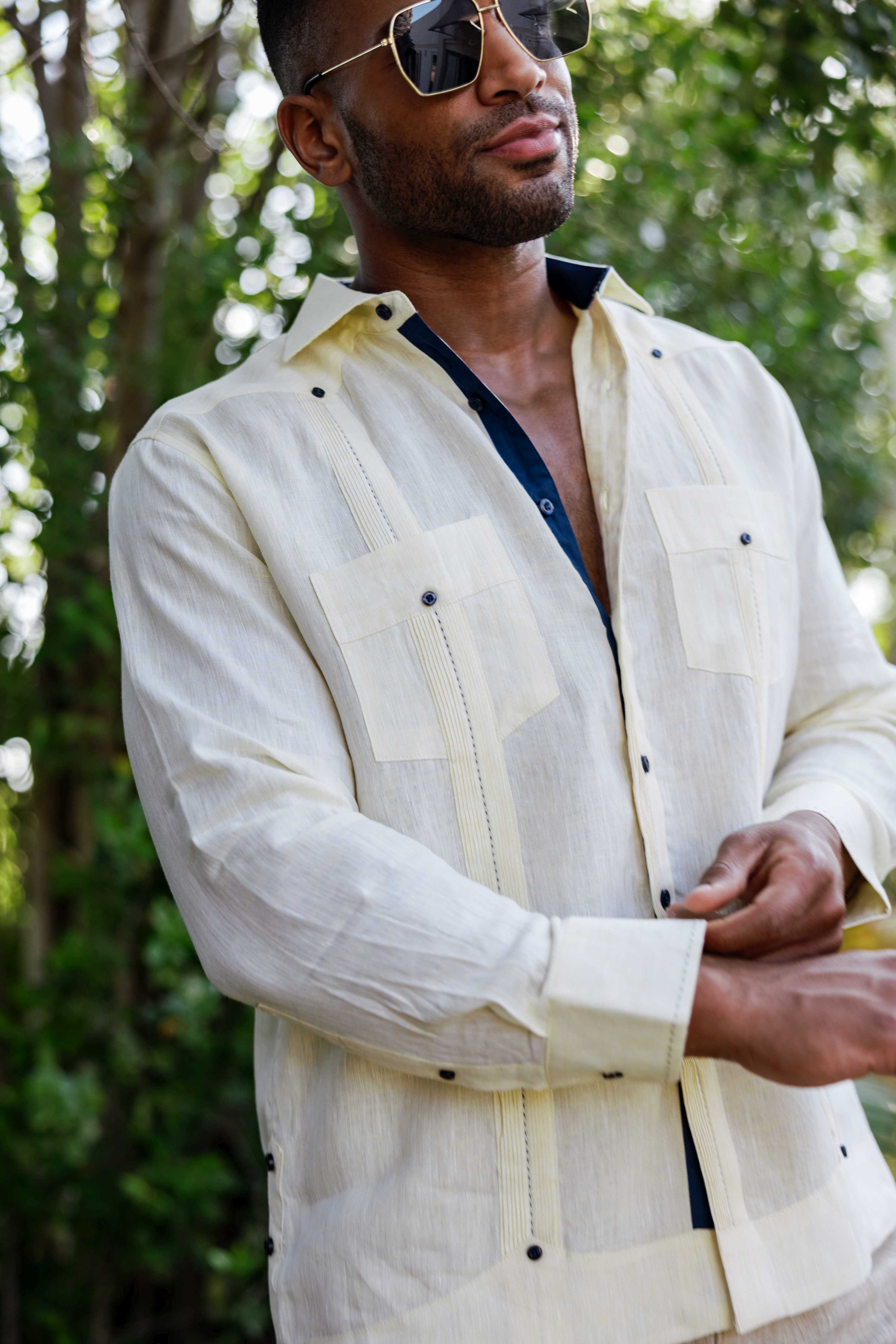 Mojito Men's 100% Linen Guayabera Chacabana Shirt Long Sleeve with Contrast Trim & Modern Pleats