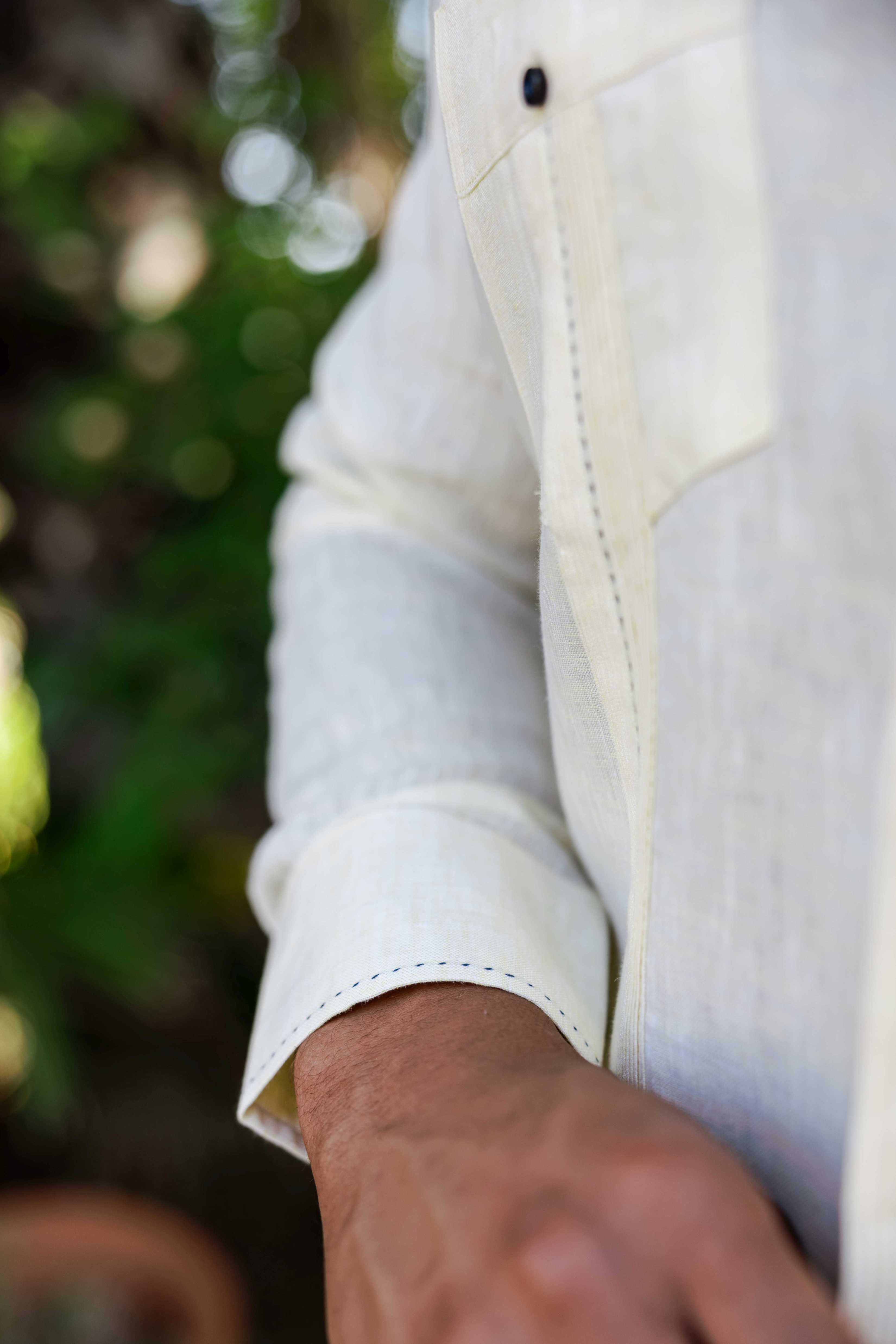 Mojito Men's 100% Linen Guayabera Chacabana Shirt Long Sleeve with Contrast Trim & Modern Pleats