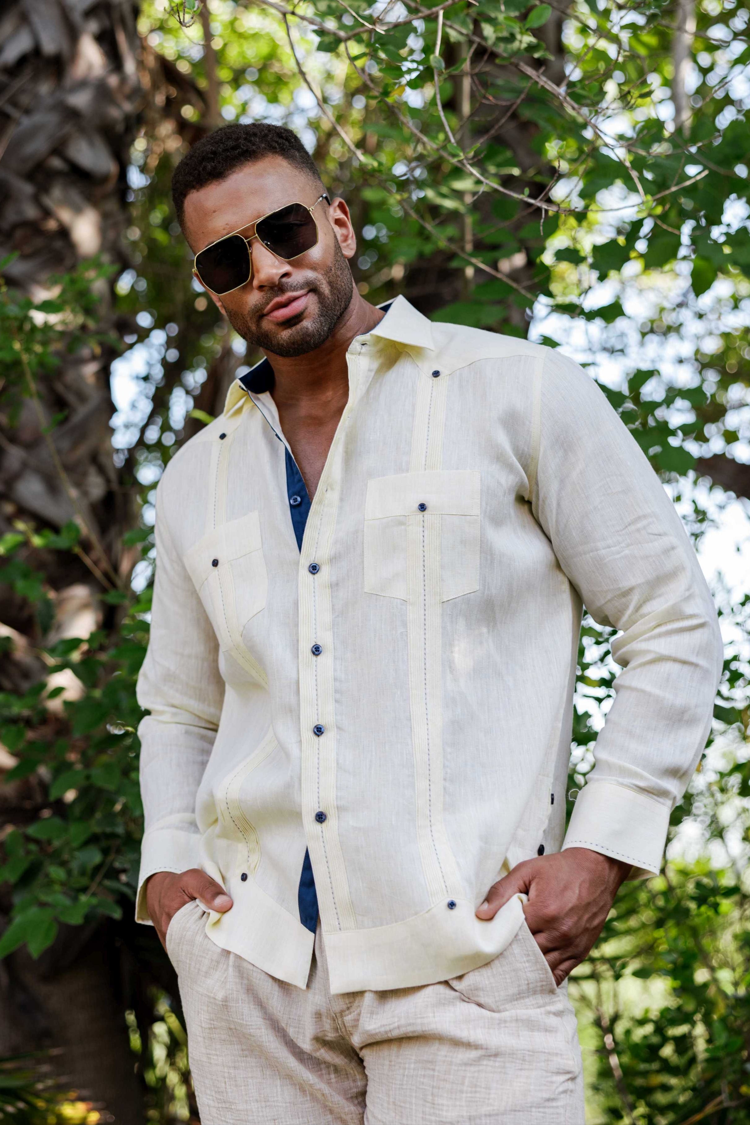 Mojito Men's 100% Linen Guayabera Chacabana Shirt Long Sleeve with Contrast Trim & Modern Pleats