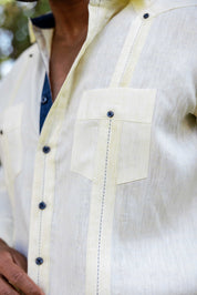 Mojito Men's 100% Linen Guayabera Chacabana Shirt Long Sleeve with Contrast Trim & Modern Pleats
