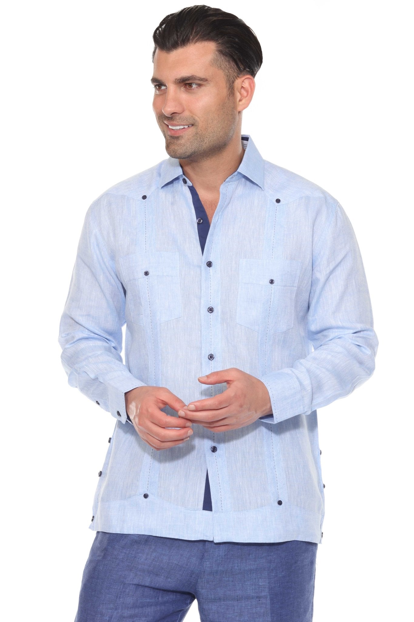 Men's 100% Linen Guayabera Shirt Long Sleeve with Contrast Trim & Modern Pleats