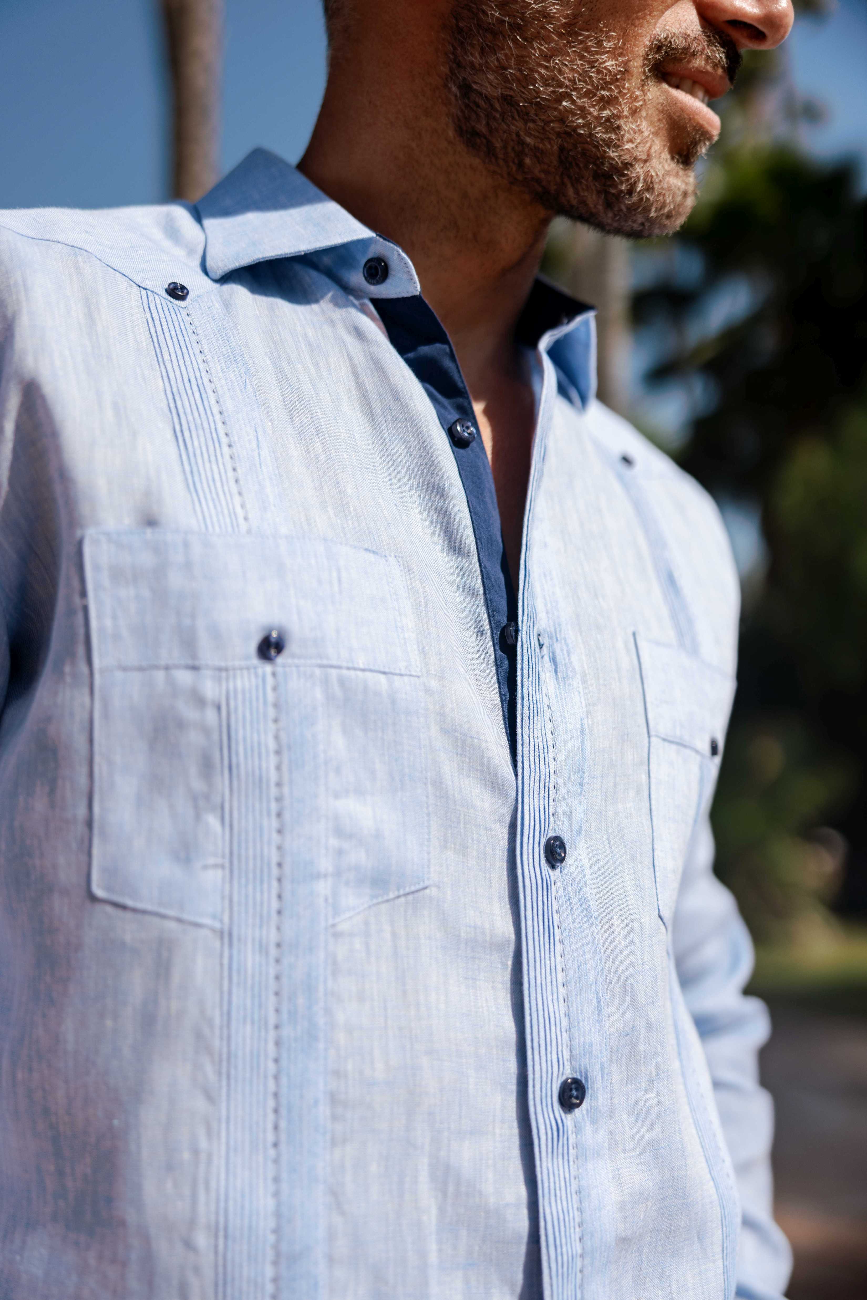 Mojito Men's 100% Linen Guayabera Chacabana Shirt Long Sleeve with Contrast Trim & Modern Pleats