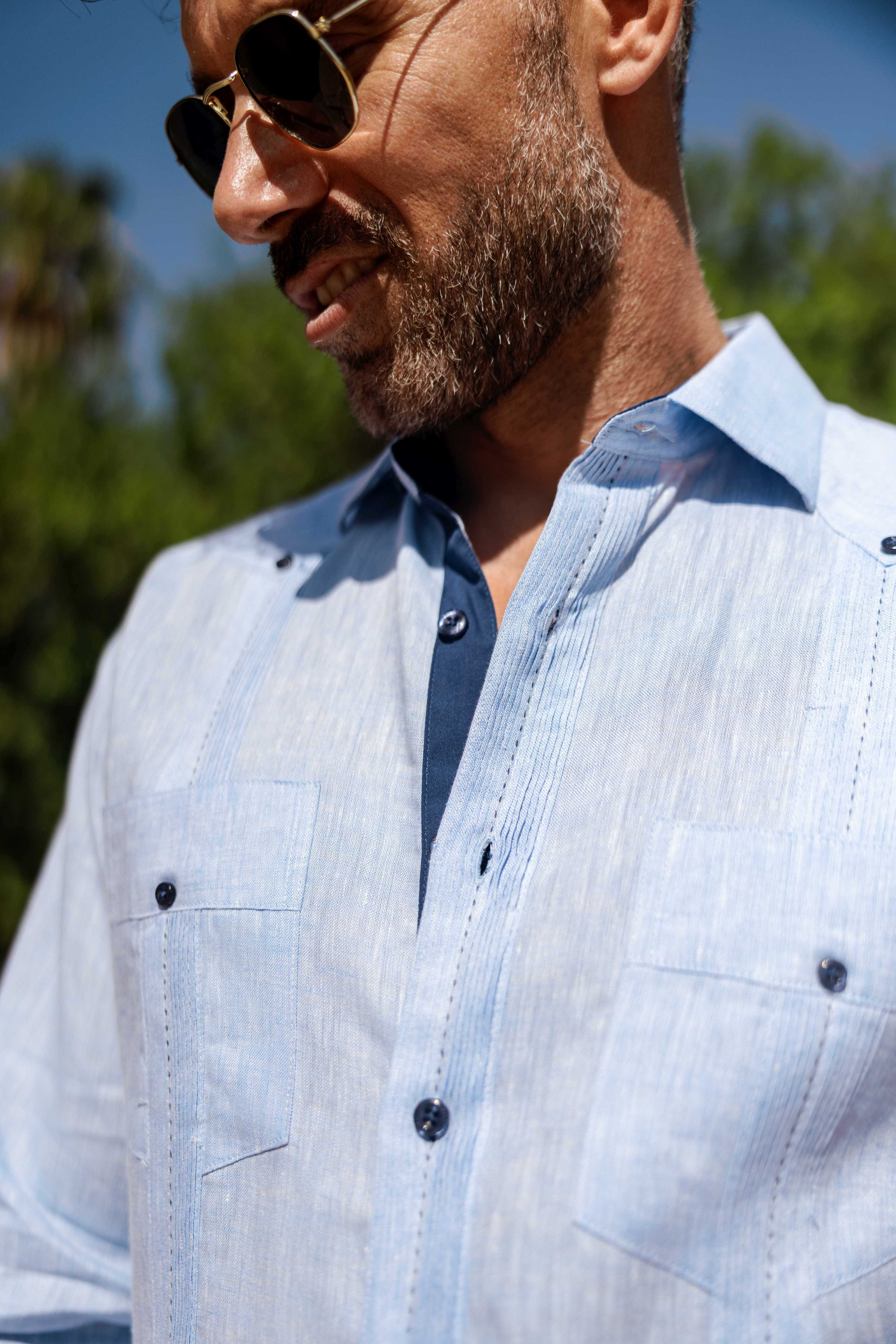 Mojito Men's 100% Linen Guayabera Chacabana Shirt Long Sleeve with Contrast Trim & Modern Pleats