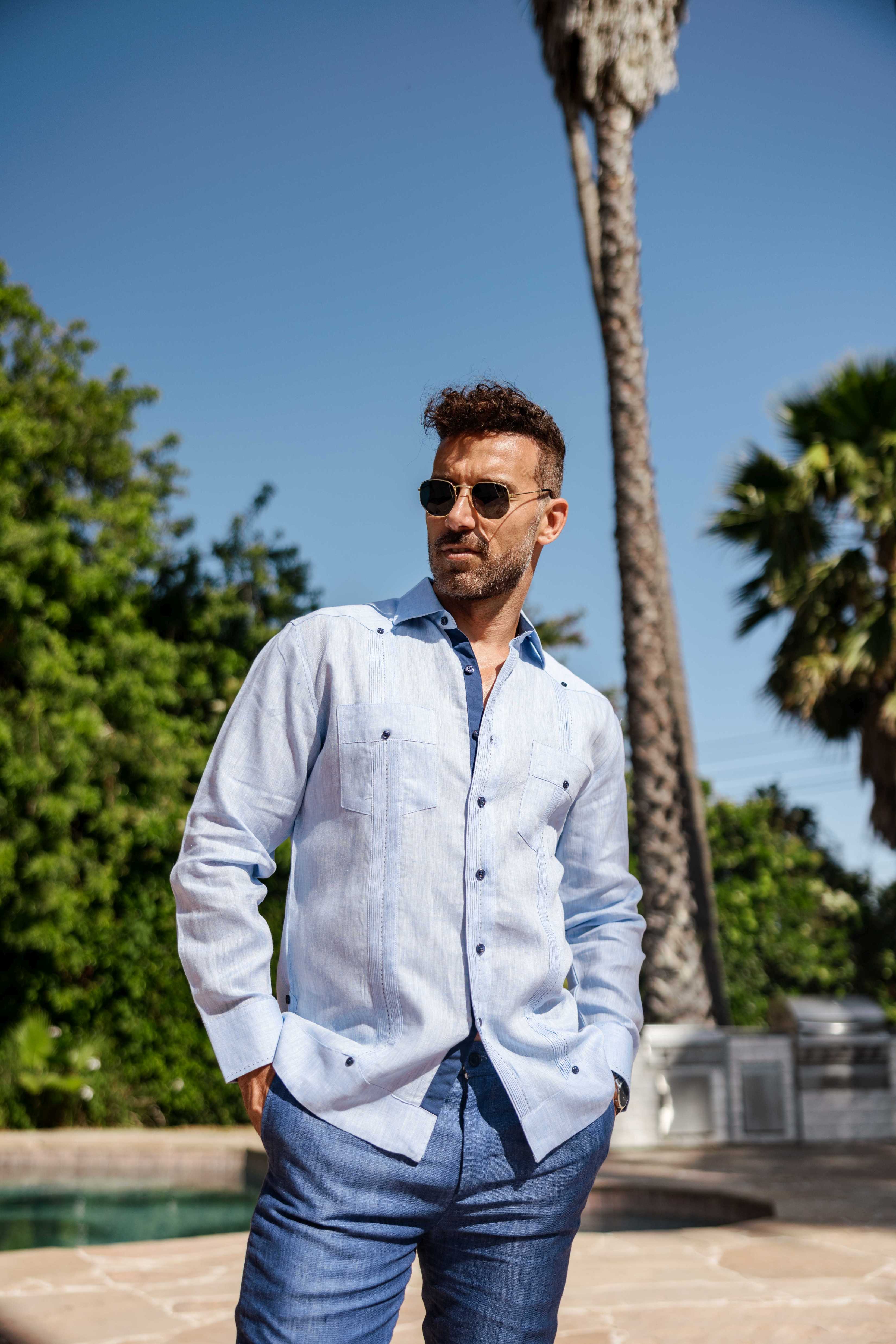 Mojito Men's 100% Linen Guayabera Chacabana Shirt Long Sleeve with Contrast Trim & Modern Pleats