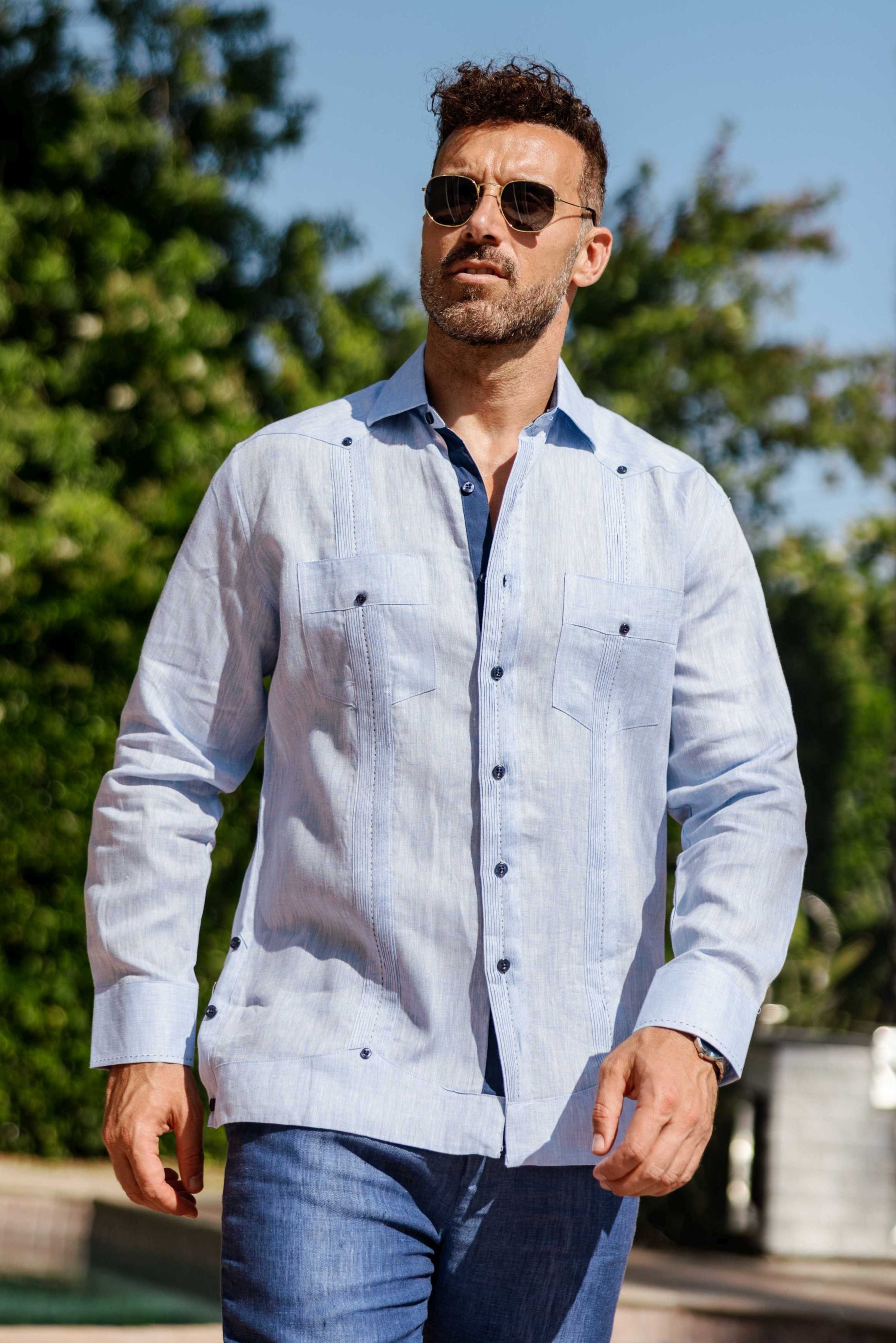 Mojito Men's 100% Linen Guayabera Chacabana Shirt Long Sleeve with Contrast Trim & Modern Pleats