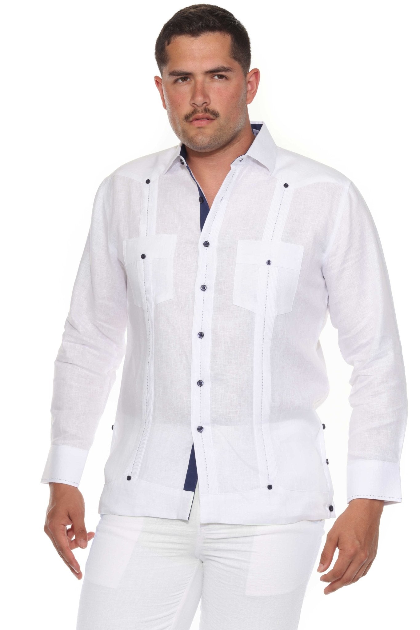Men's 100% Linen Guayabera Shirt Long Sleeve with Contrast Trim & Modern Pleats