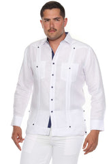 Men's 100% Linen Guayabera Shirt Long Sleeve with Contrast Trim & Modern Pleats