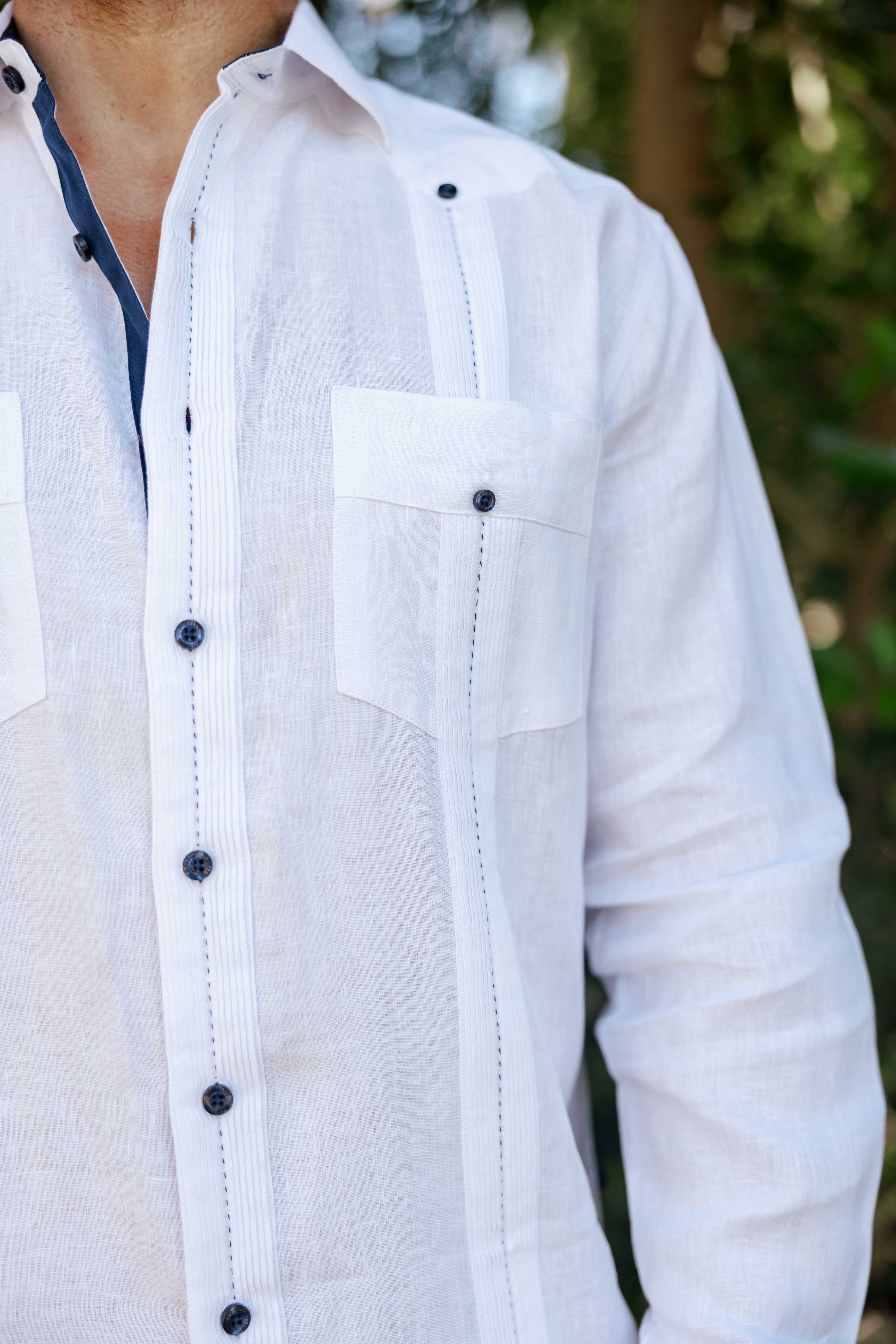 Mojito Men's 100% Linen Guayabera Chacabana Shirt Long Sleeve with Contrast Trim & Modern Pleats
