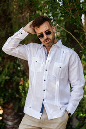 Mojito Men's 100% Linen Guayabera Chacabana Shirt Long Sleeve with Contrast Trim & Modern Pleats