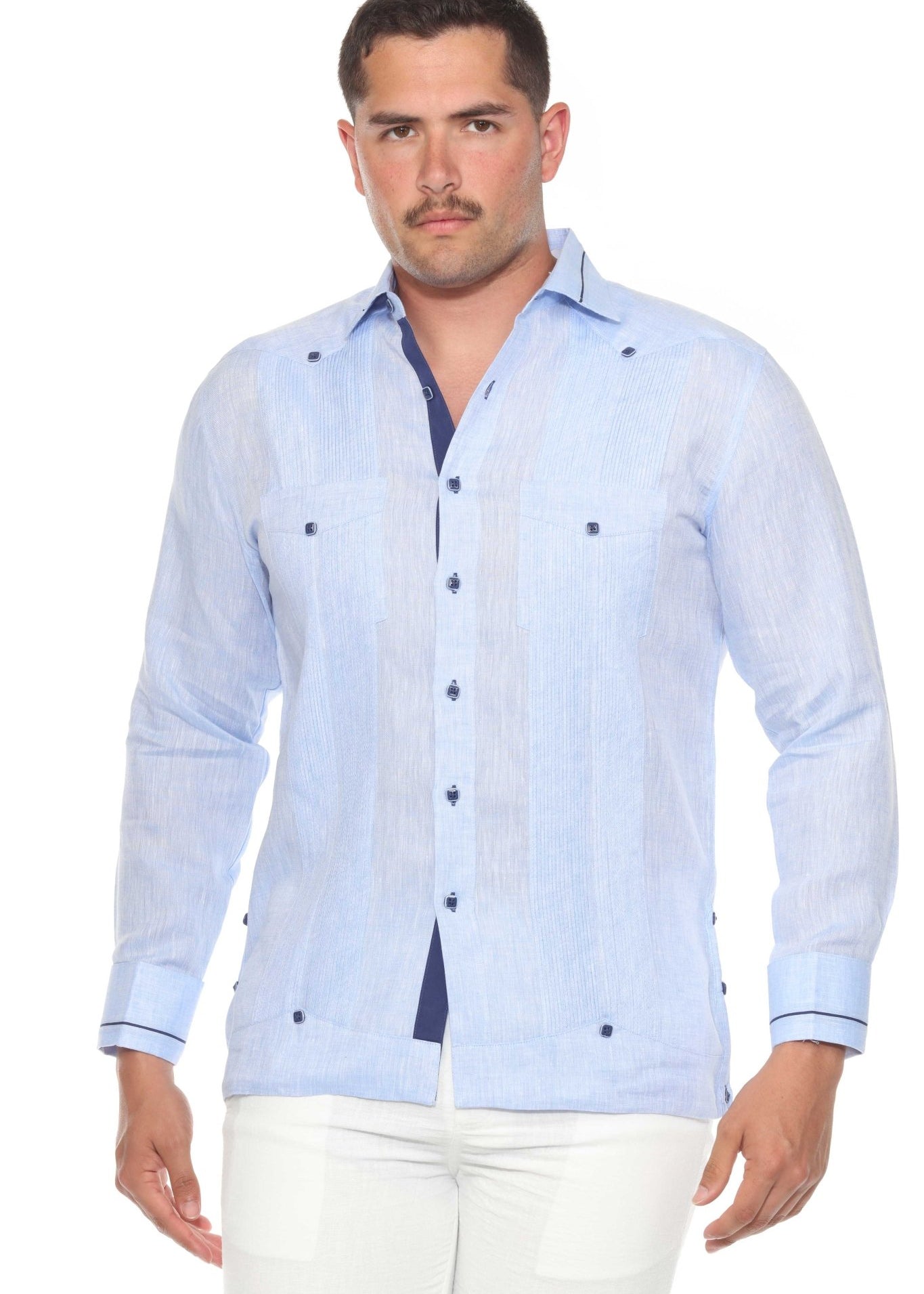 Men's 100% Linen Guayabera Shirt Long Sleeve - Contrast Vertical & Collar Accent Trim