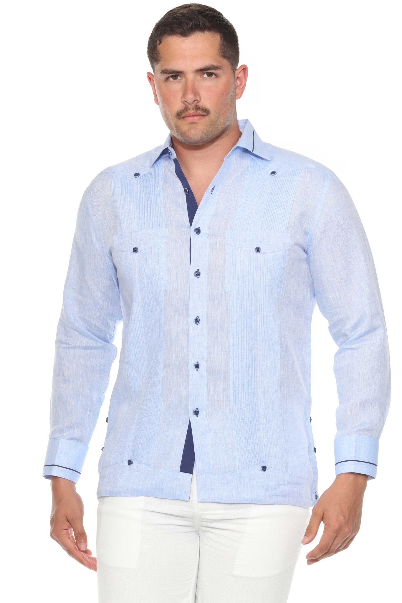 Men's 100% Linen Guayabera Shirt Long Sleeve - Contrast Vertical & Collar Accent Trim