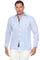 Front view of a man wearing a light blue Contrast Trim Linen Guayabera with long sleeves and two pockets.