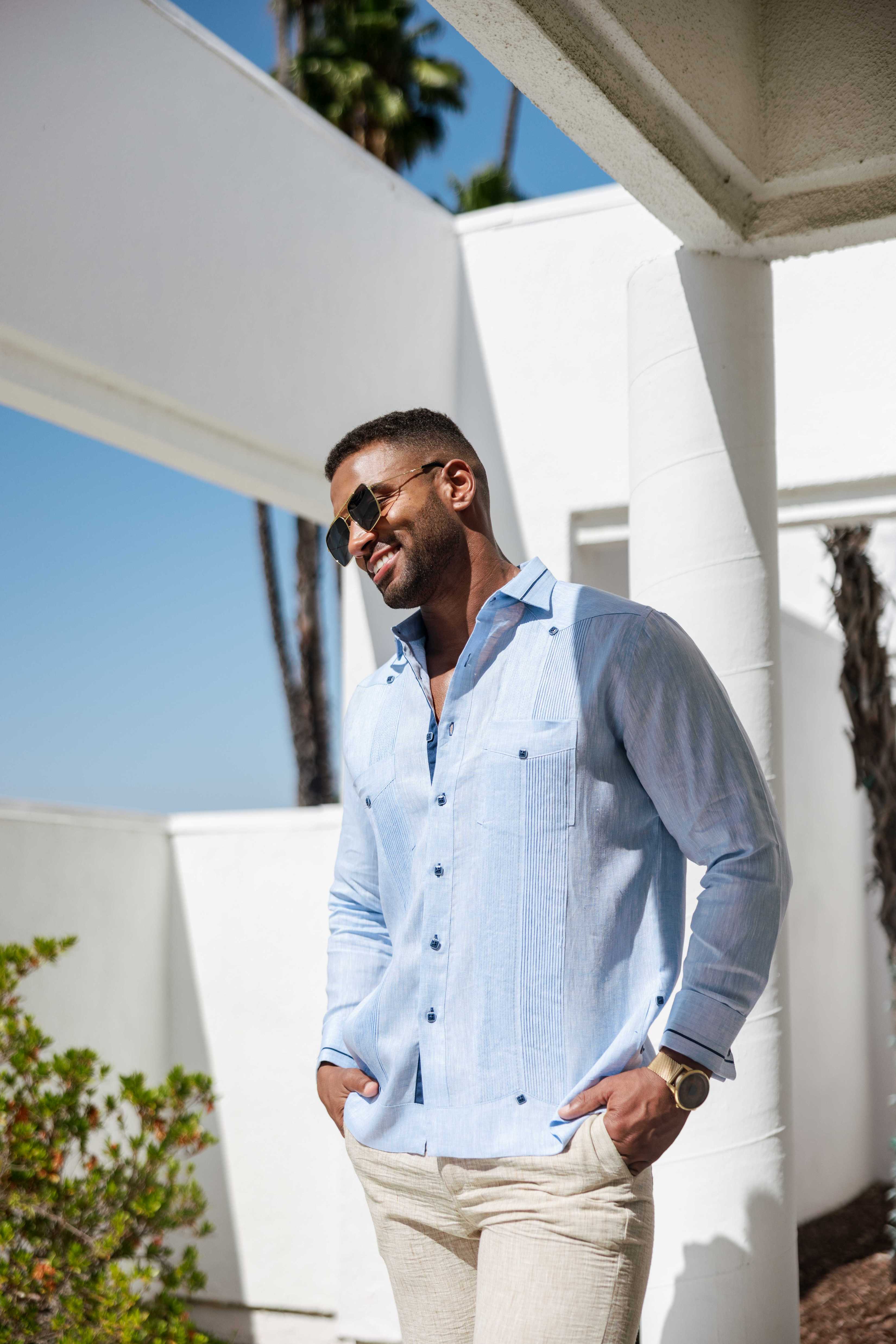 Mojito Men's 100% Linen Guayabera Chacabana Shirt Long Sleeve - Contrast Vertical & Collar Accent Trim