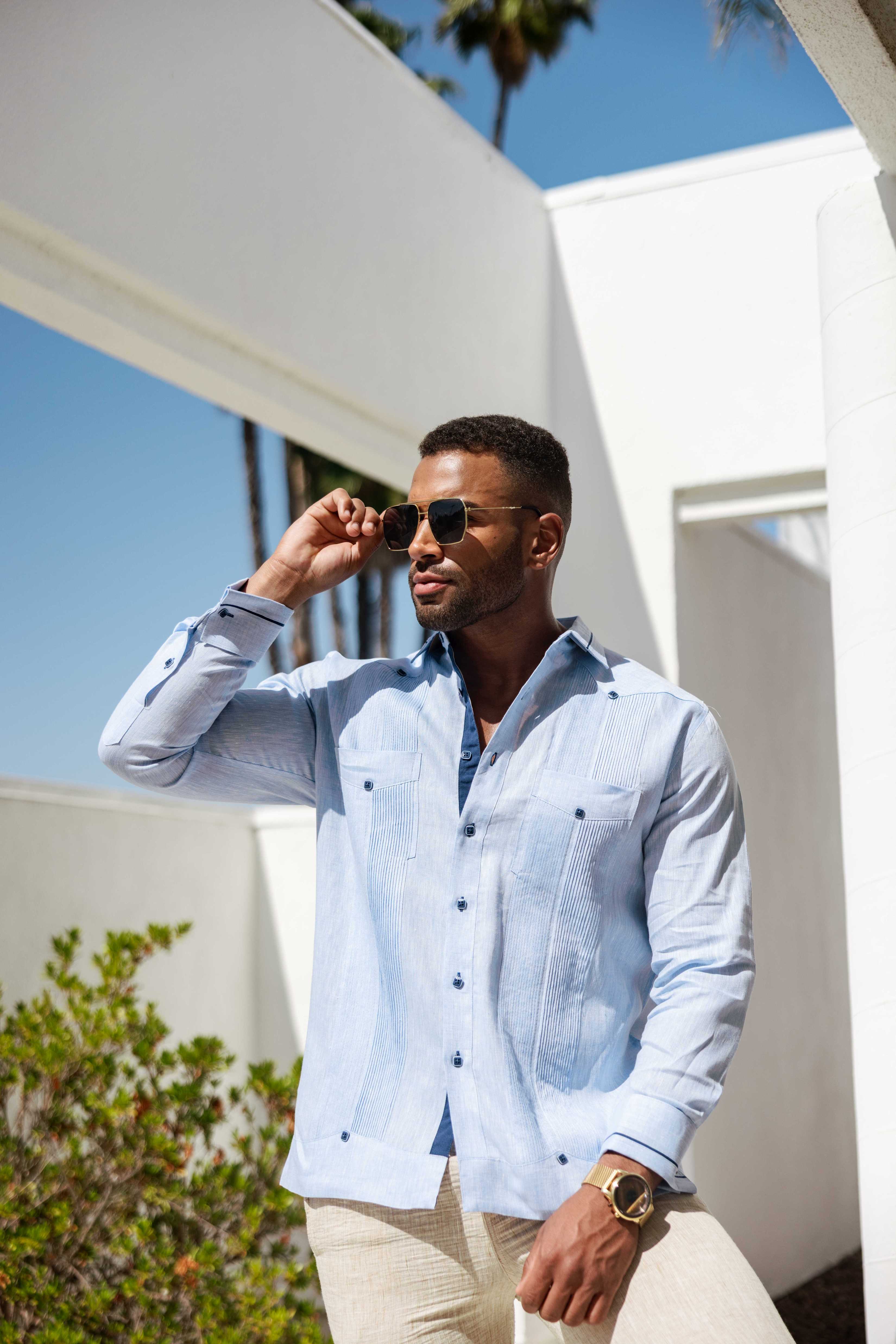 Mojito Men's 100% Linen Guayabera Chacabana Shirt Long Sleeve - Contrast Vertical & Collar Accent Trim