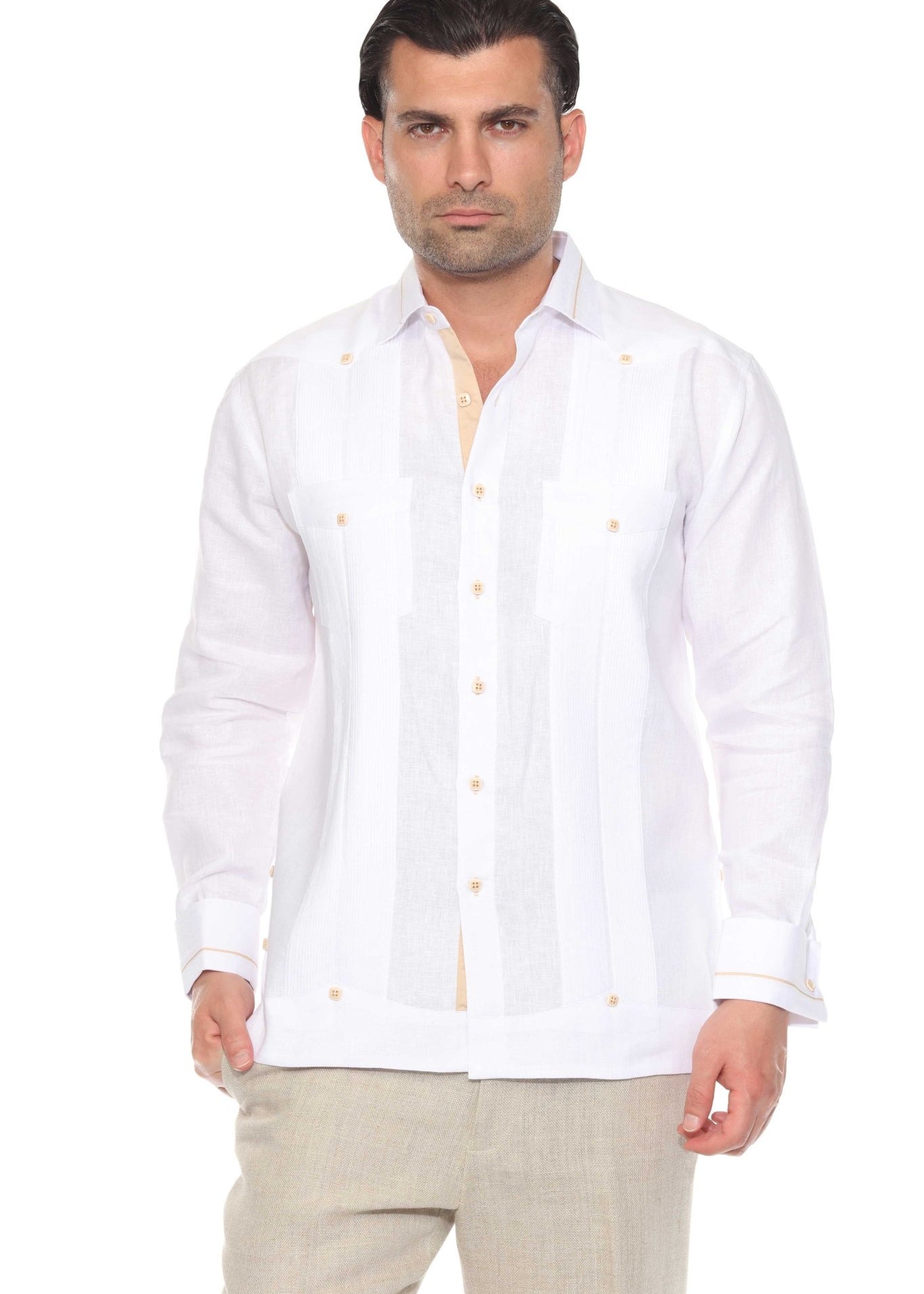 Men's 100% Linen Guayabera Shirt Long Sleeve - Contrast Vertical & Collar Accent Trim