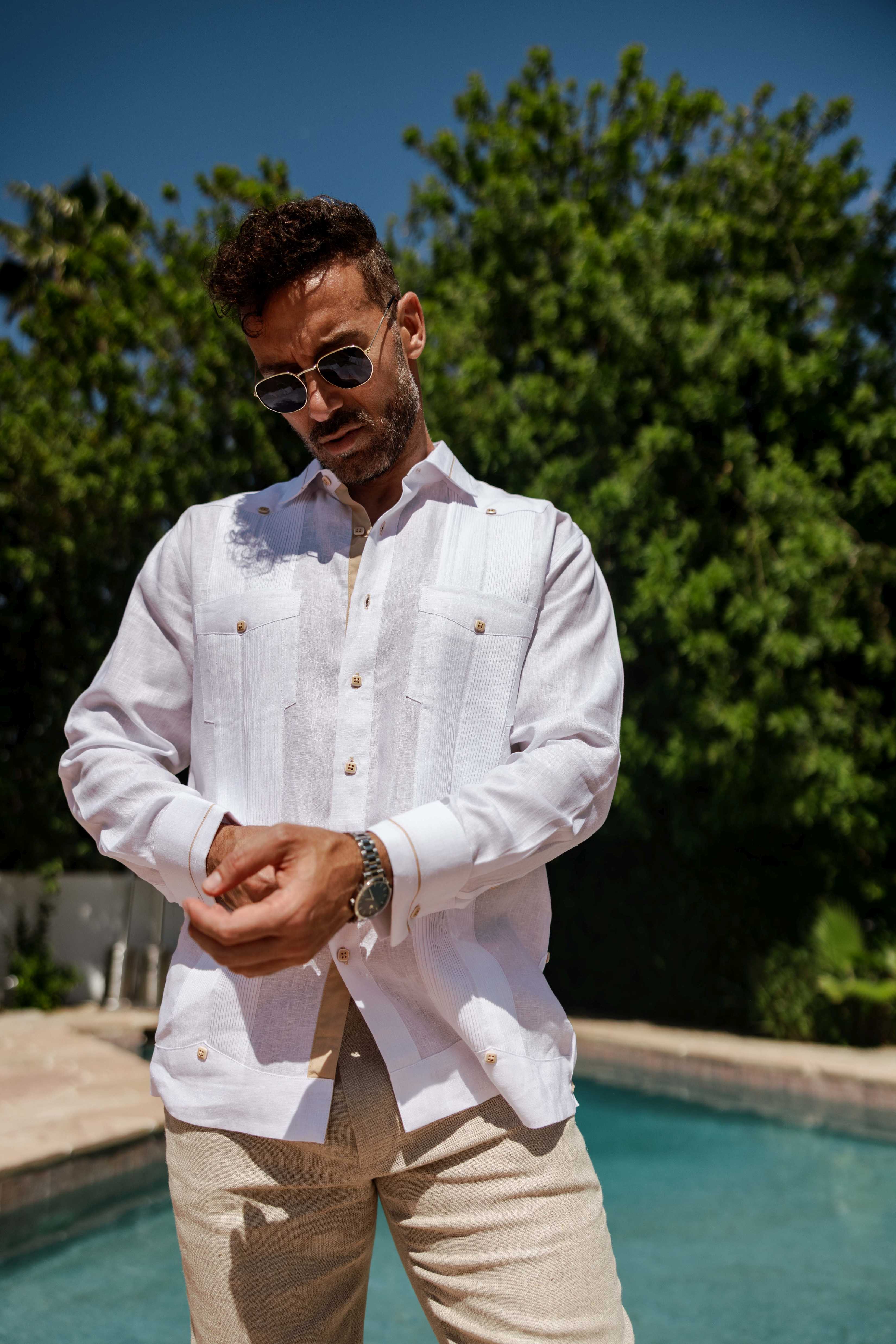 Mojito Men's 100% Linen Guayabera Chacabana Shirt Long Sleeve - Contrast Vertical & Collar Accent Trim