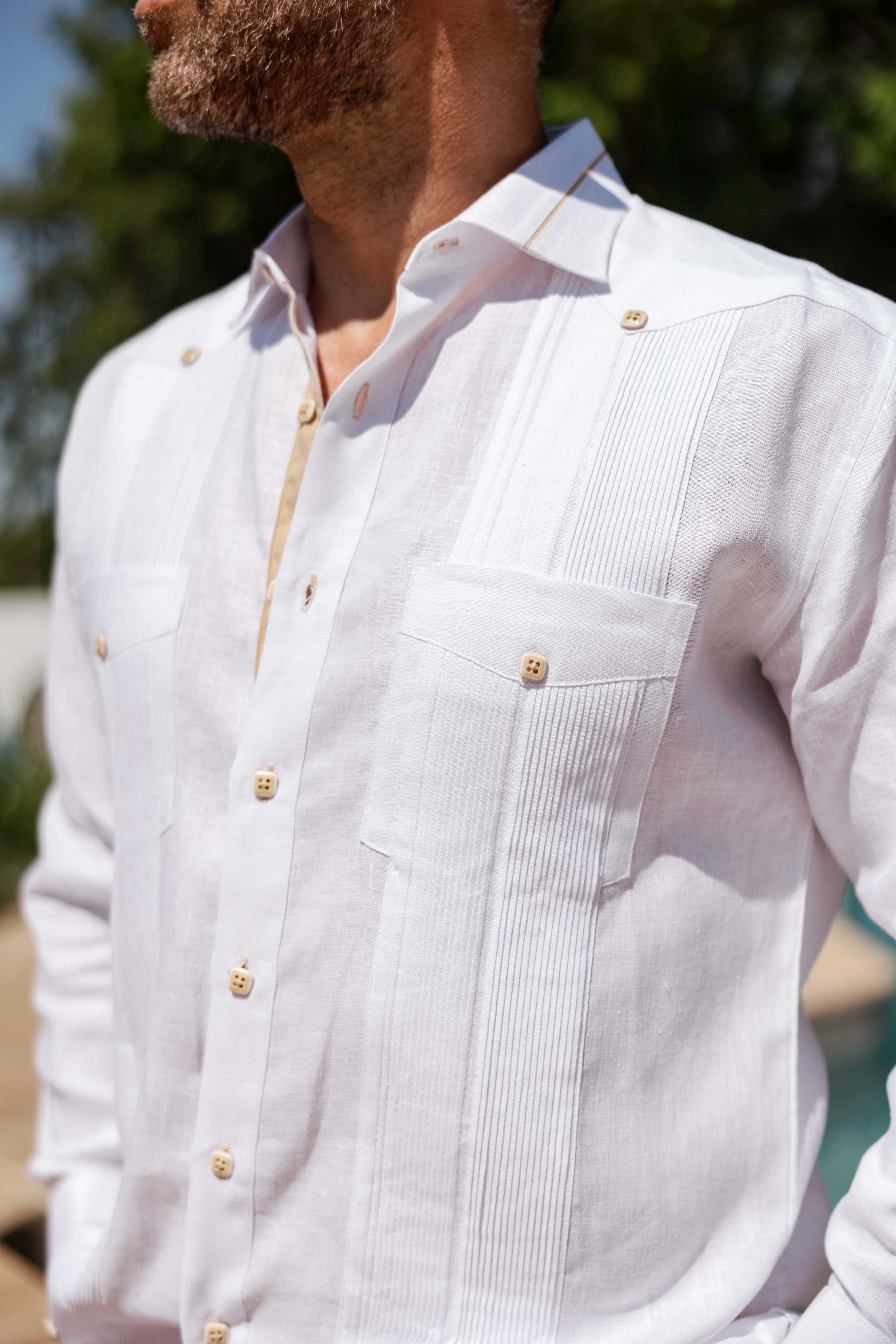 Mojito Men's 100% Linen Guayabera Chacabana Shirt Long Sleeve - Contrast Vertical & Collar Accent Trim