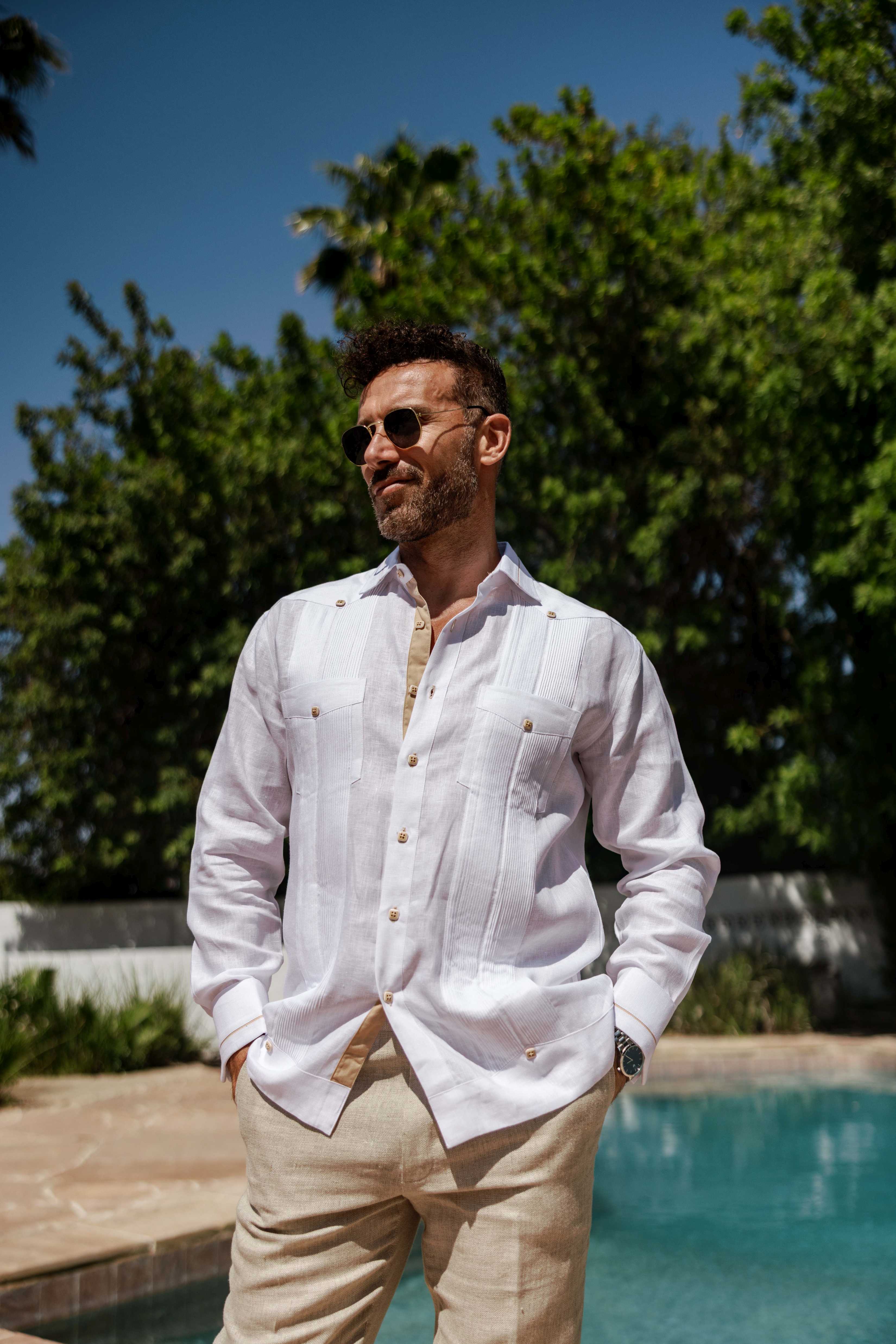 Mojito Men's 100% Linen Guayabera Chacabana Shirt Long Sleeve - Contrast Vertical & Collar Accent Trim