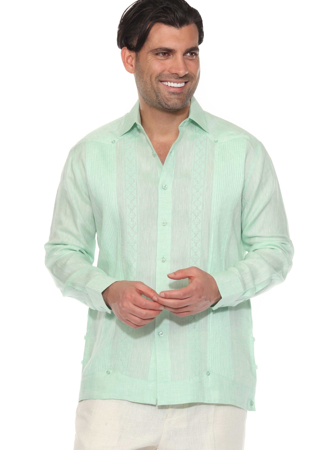 Mint Green Linen Guayabera Shirt Men Front View Studio Geometric Embroidery Long Sleeve