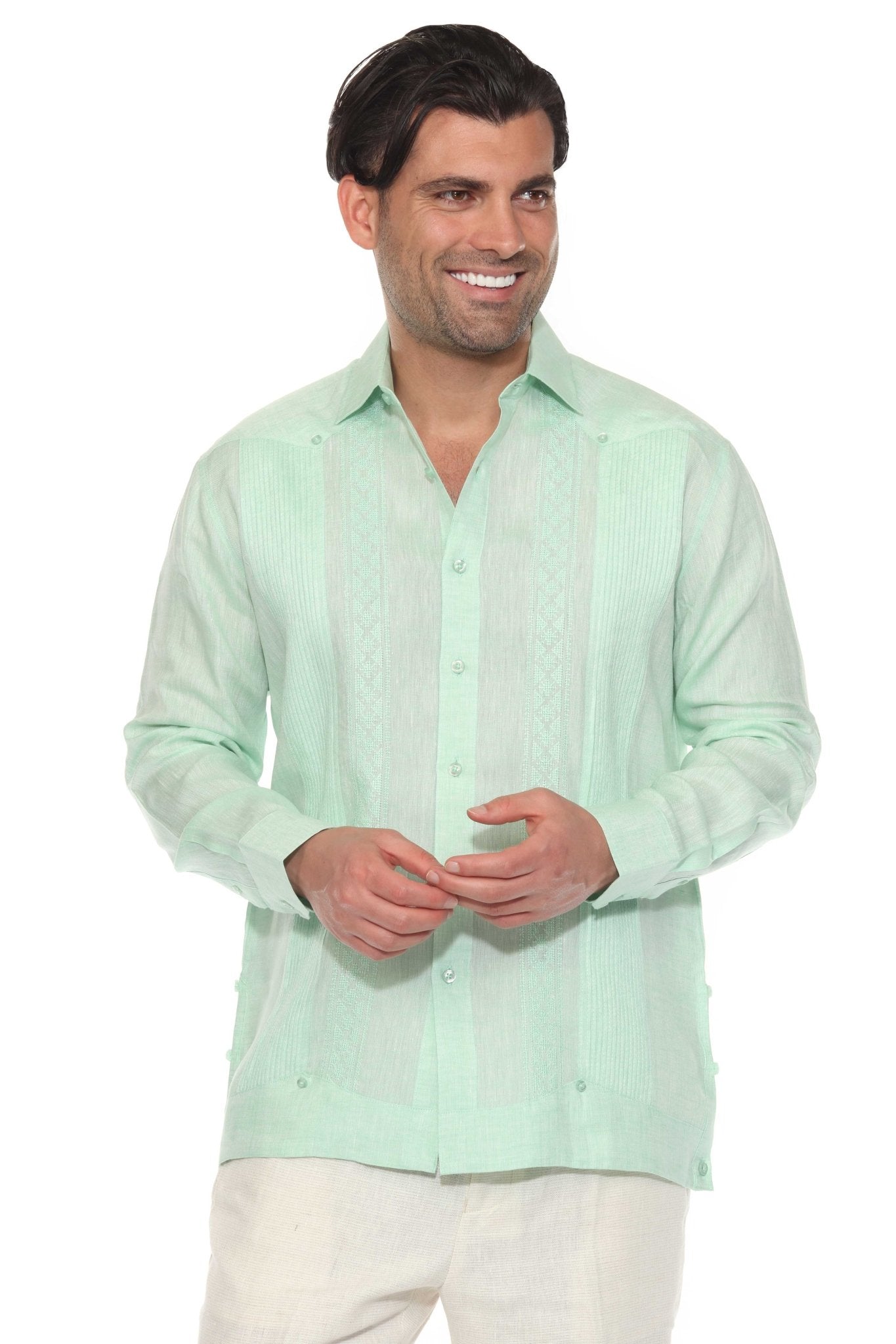 Men's 100% Linen Guayabera Shirt Long Sleeve - Geometric Embroidery