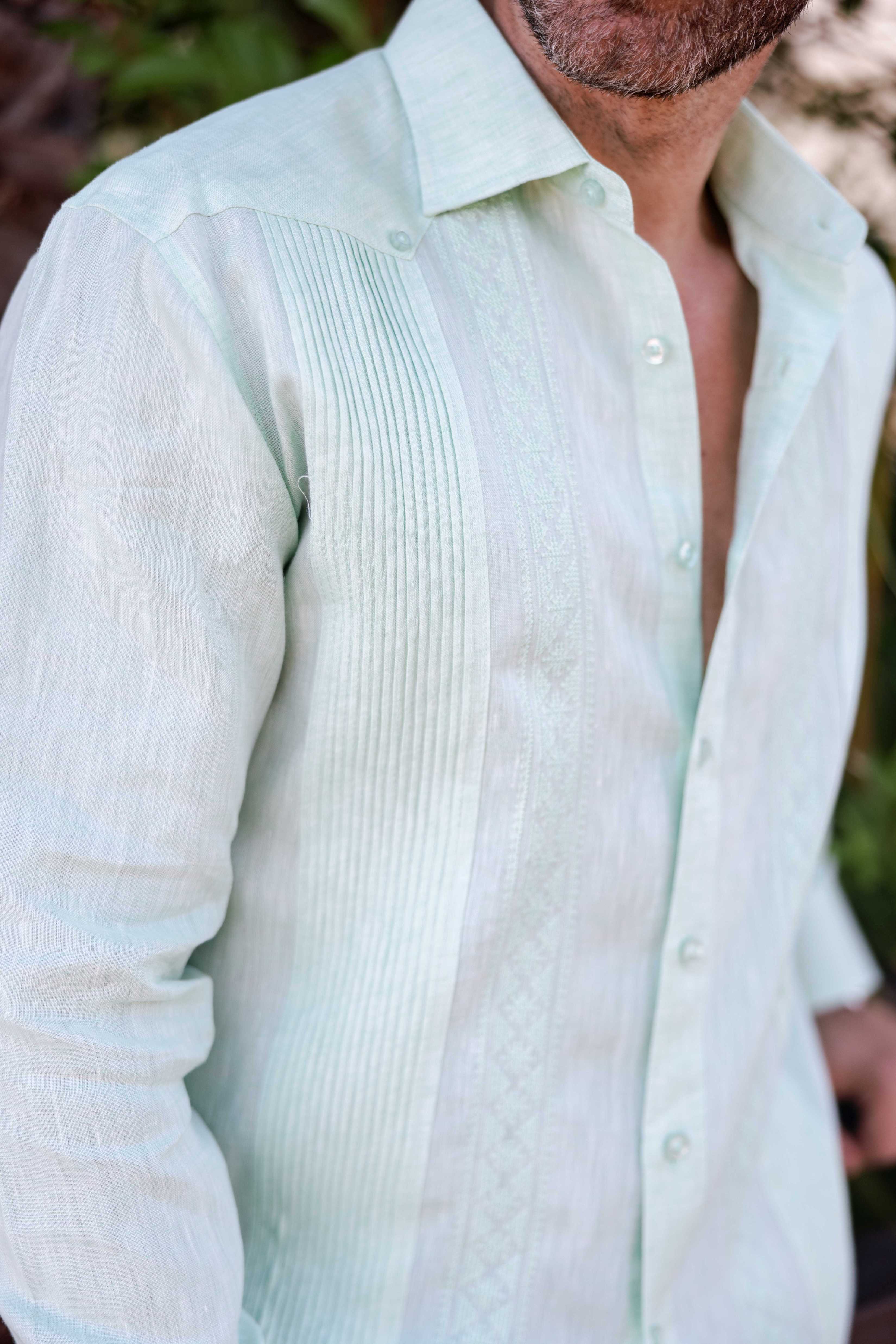 Mojito Men's 100% Linen Guayabera Chacabana Shirt Long Sleeve - Geometric Embroidery