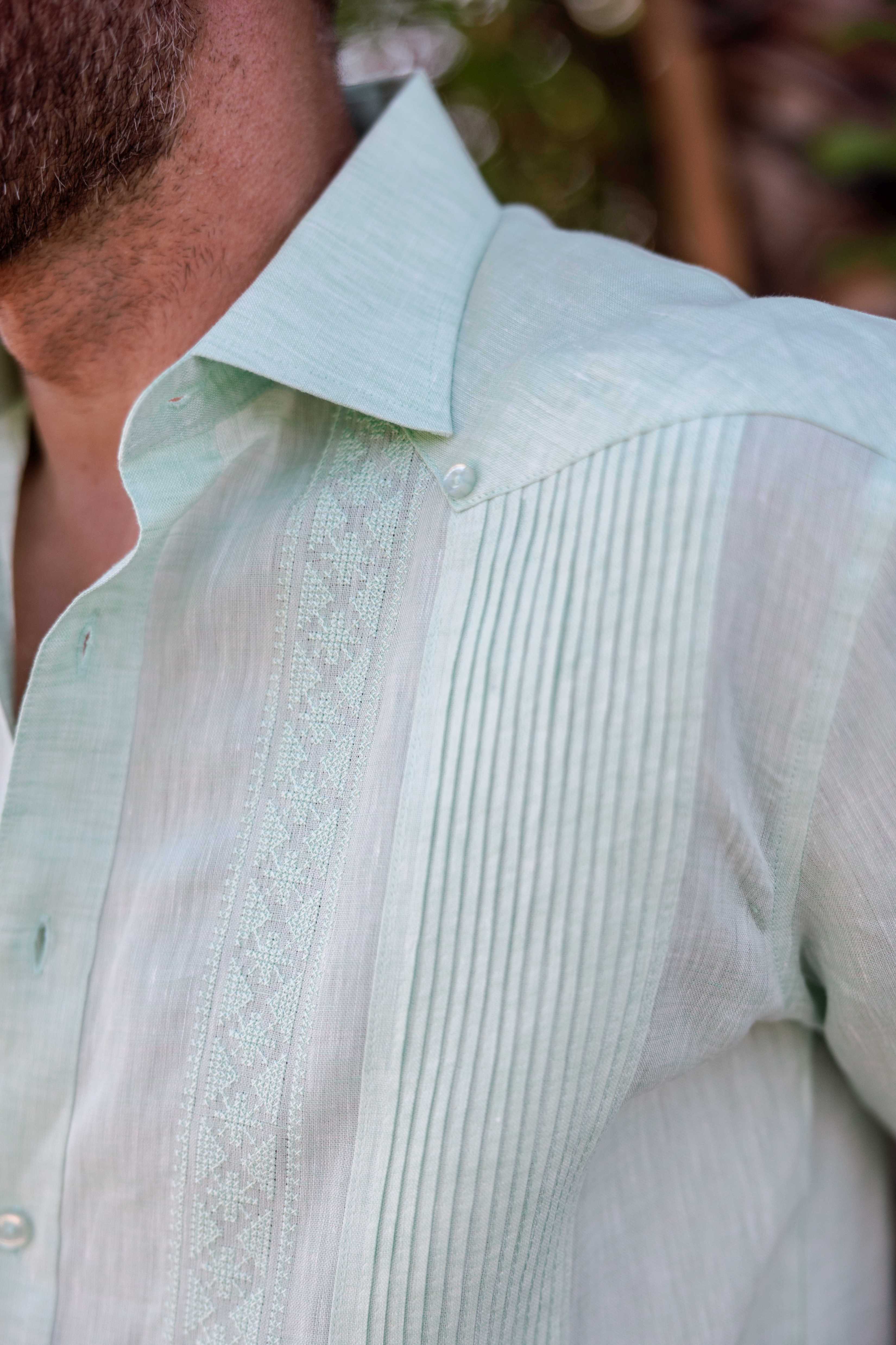 Mojito Men's 100% Linen Guayabera Chacabana Shirt Long Sleeve - Geometric Embroidery