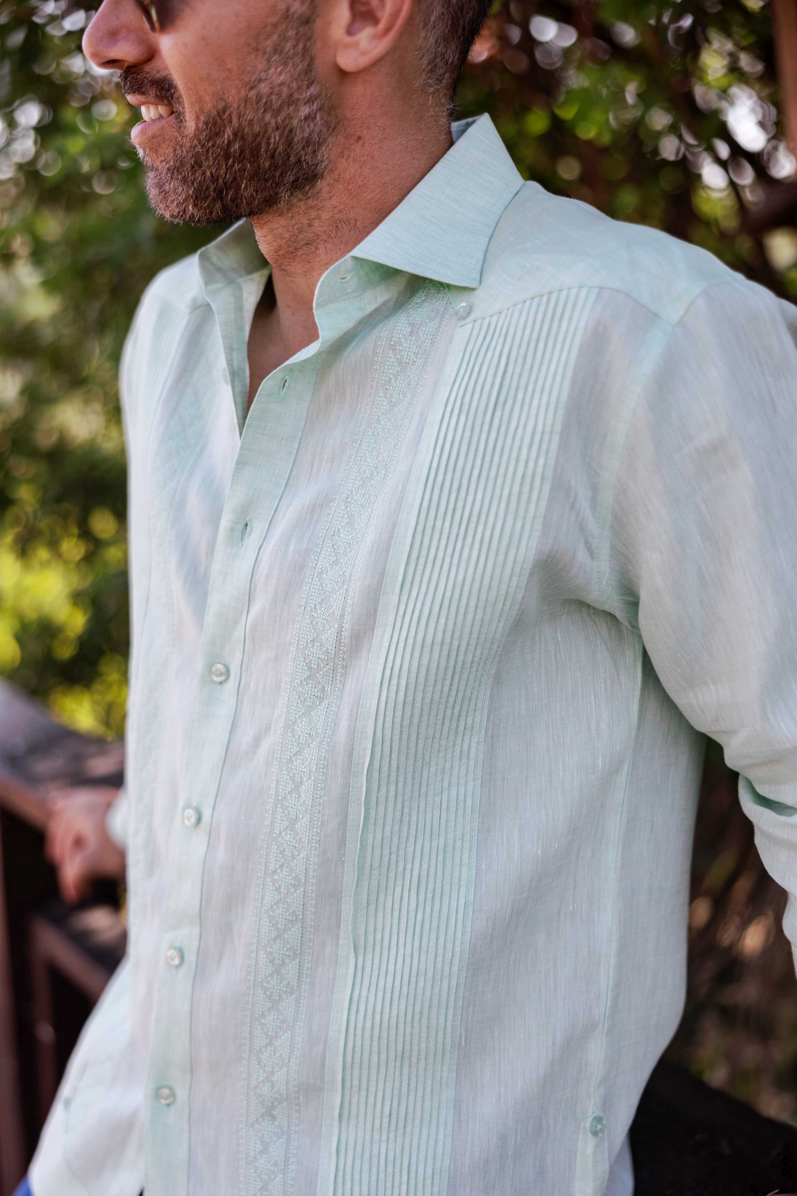 Mojito Men's 100% Linen Guayabera Chacabana Shirt Long Sleeve - Geometric Embroidery