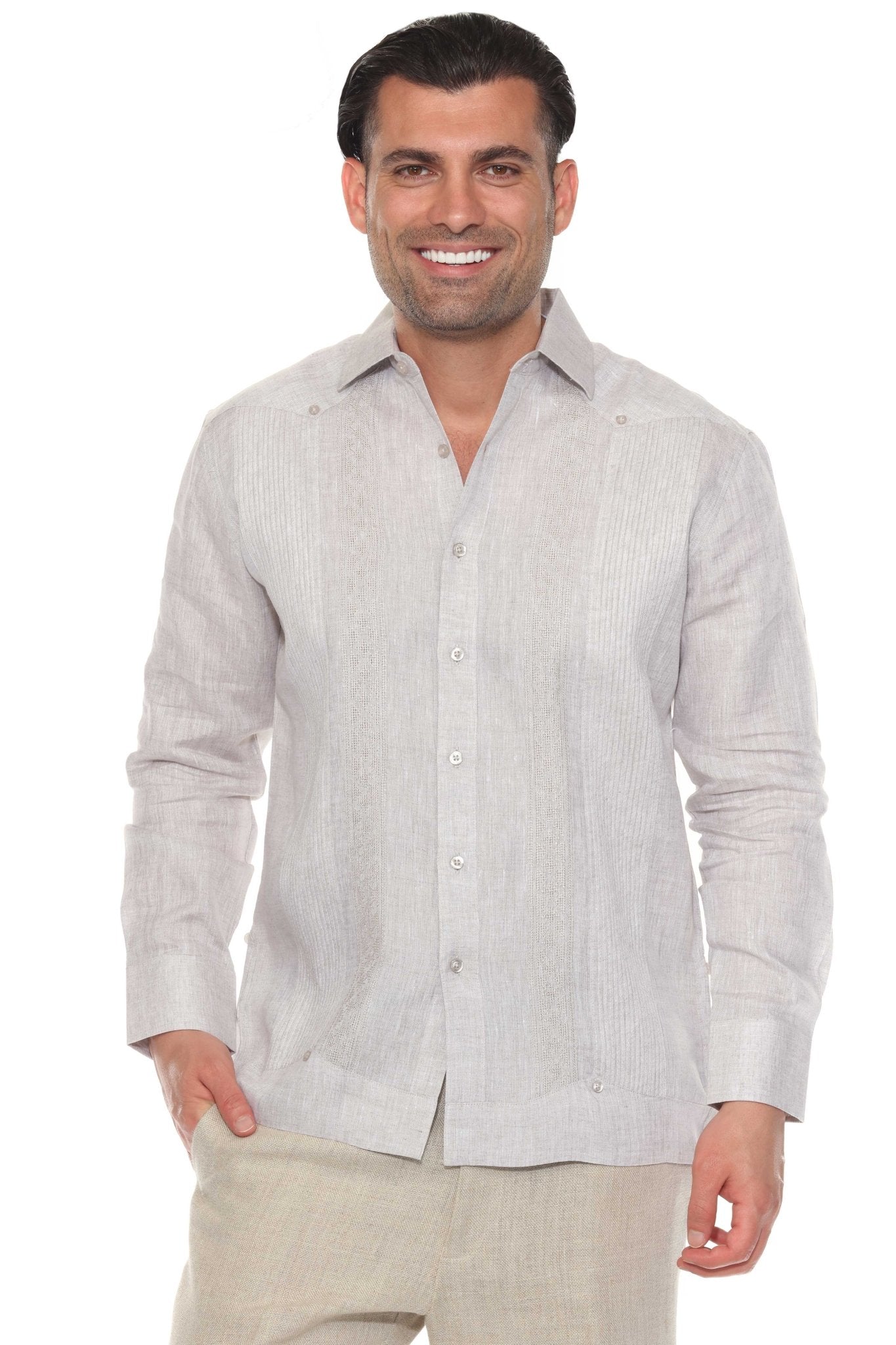 Men's Linen Guayabera Shirt LS | Geometric Embroidered Trim