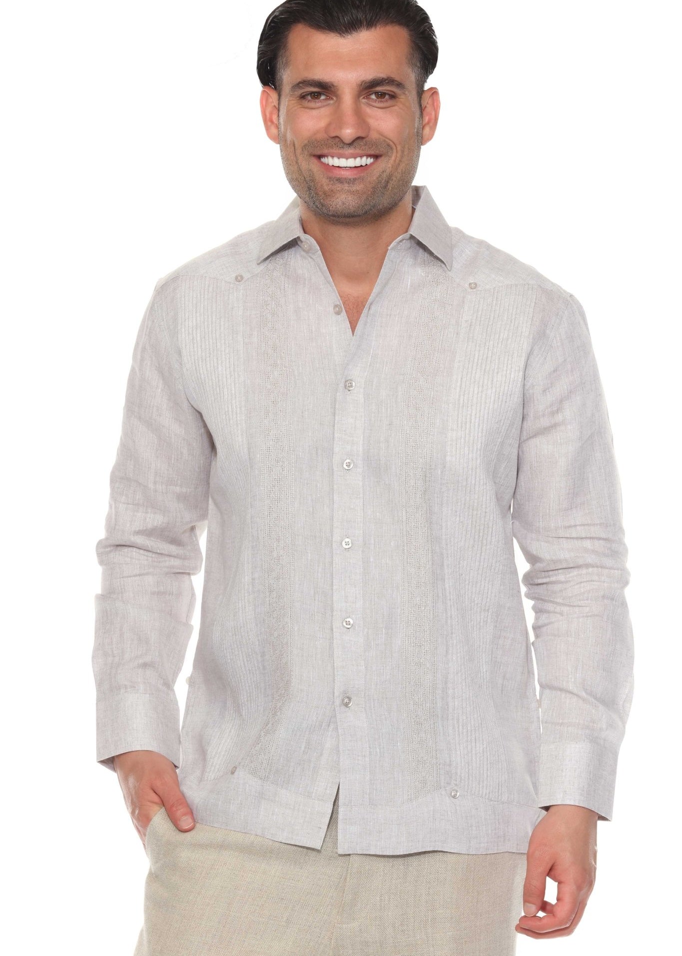 Men's Natural Linen Guayabera Shirt Front View Long Sleeve Geometric Embroidery Studio