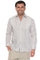 A man wears a light gray long-sleeve 100% Linen Contrast Panel Guayabera Shirt, buttoned and partially tucked in.