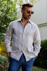 100% Linen Guayabera Shirt with Geometric Embroidery Trim