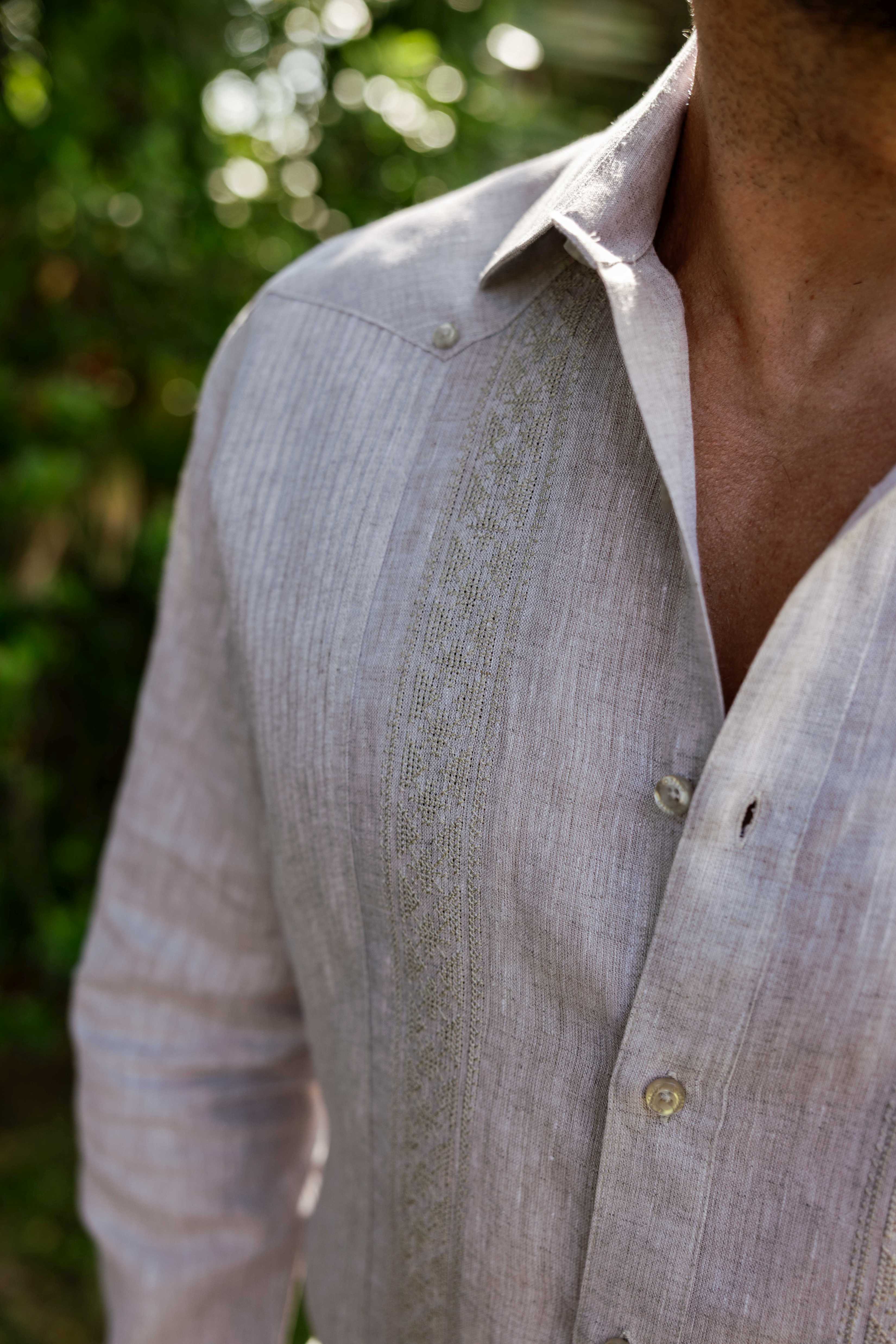 Mojito Men's 100% Linen Guayabera Chacabana Shirt Long Sleeve - Geometric Embroidery