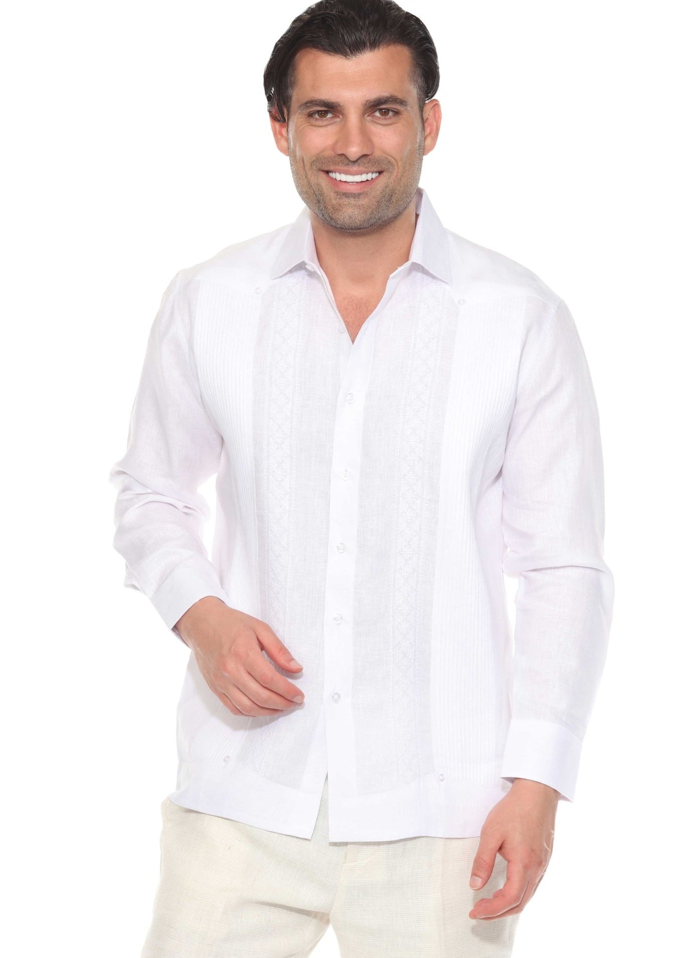 Men's White Linen Guayabera Long Sleeve Shirt Front View Studio White Background
