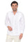 Front view of a man smiling and wearing a white 100% Linen Contrast Panel Guayabera Shirt Long Sleeve.