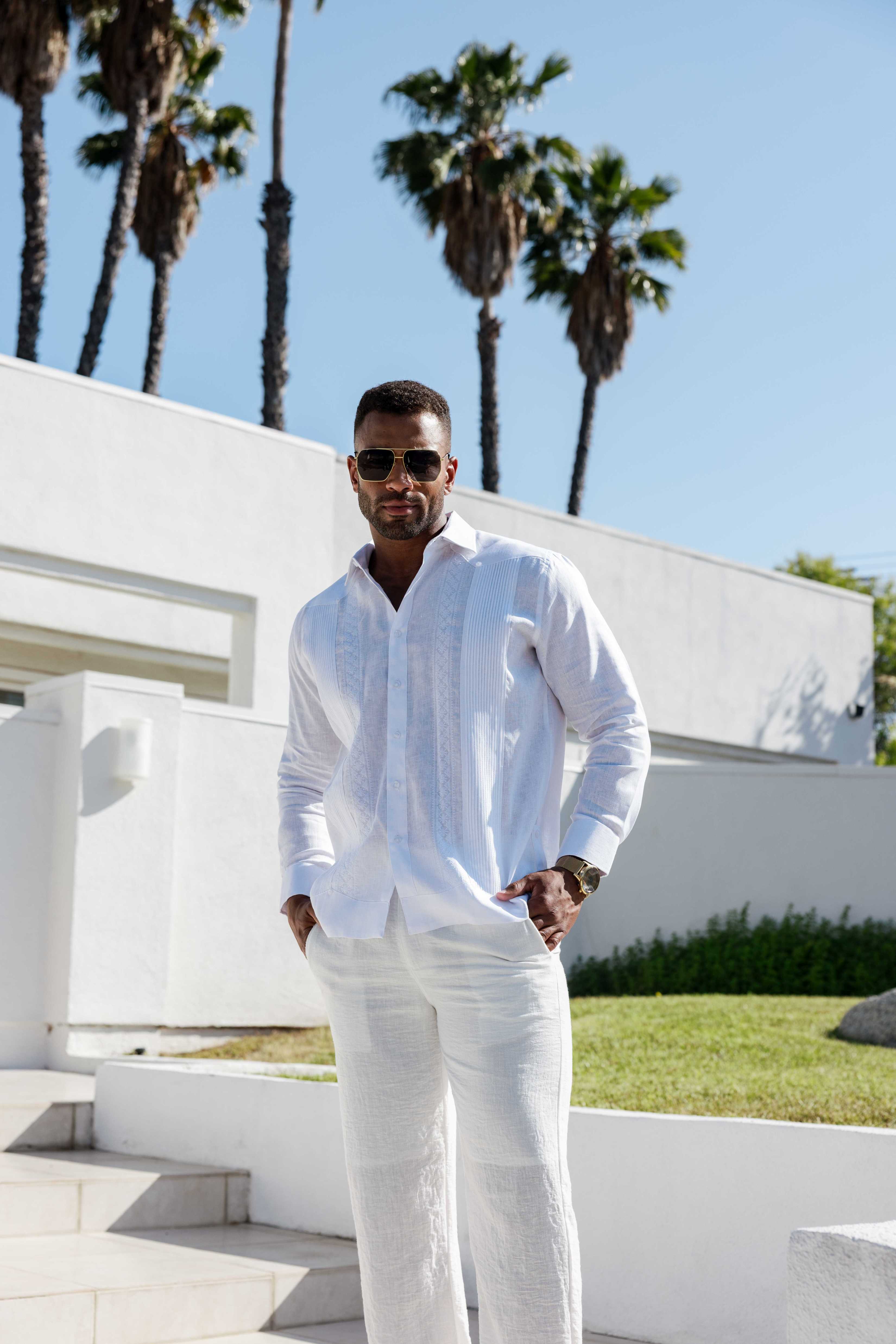 Mojito Men's 100% Linen Guayabera Chacabana Shirt Long Sleeve - Geometric Embroidery