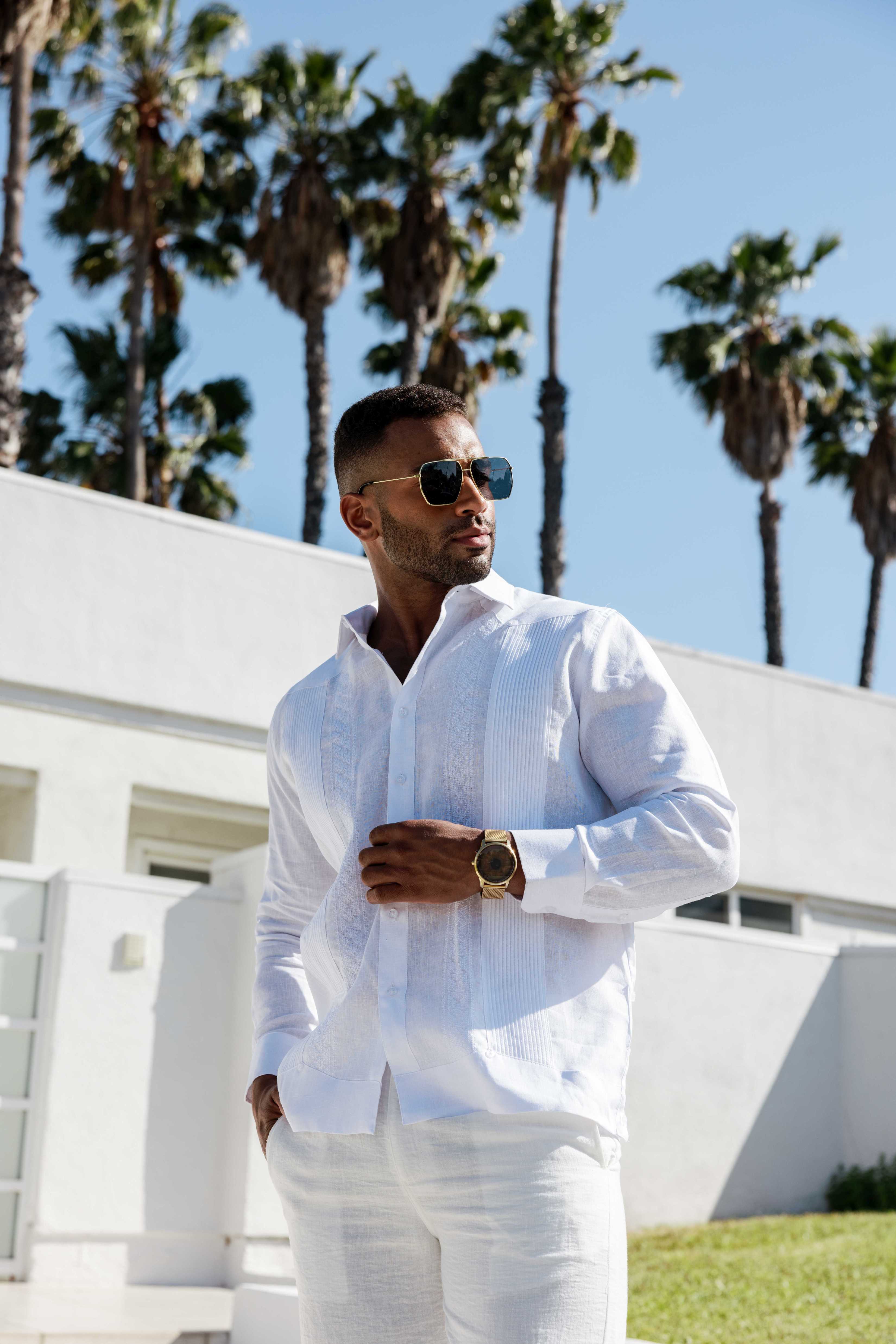 Mojito Men's 100% Linen Guayabera Chacabana Shirt Long Sleeve - Geometric Embroidery