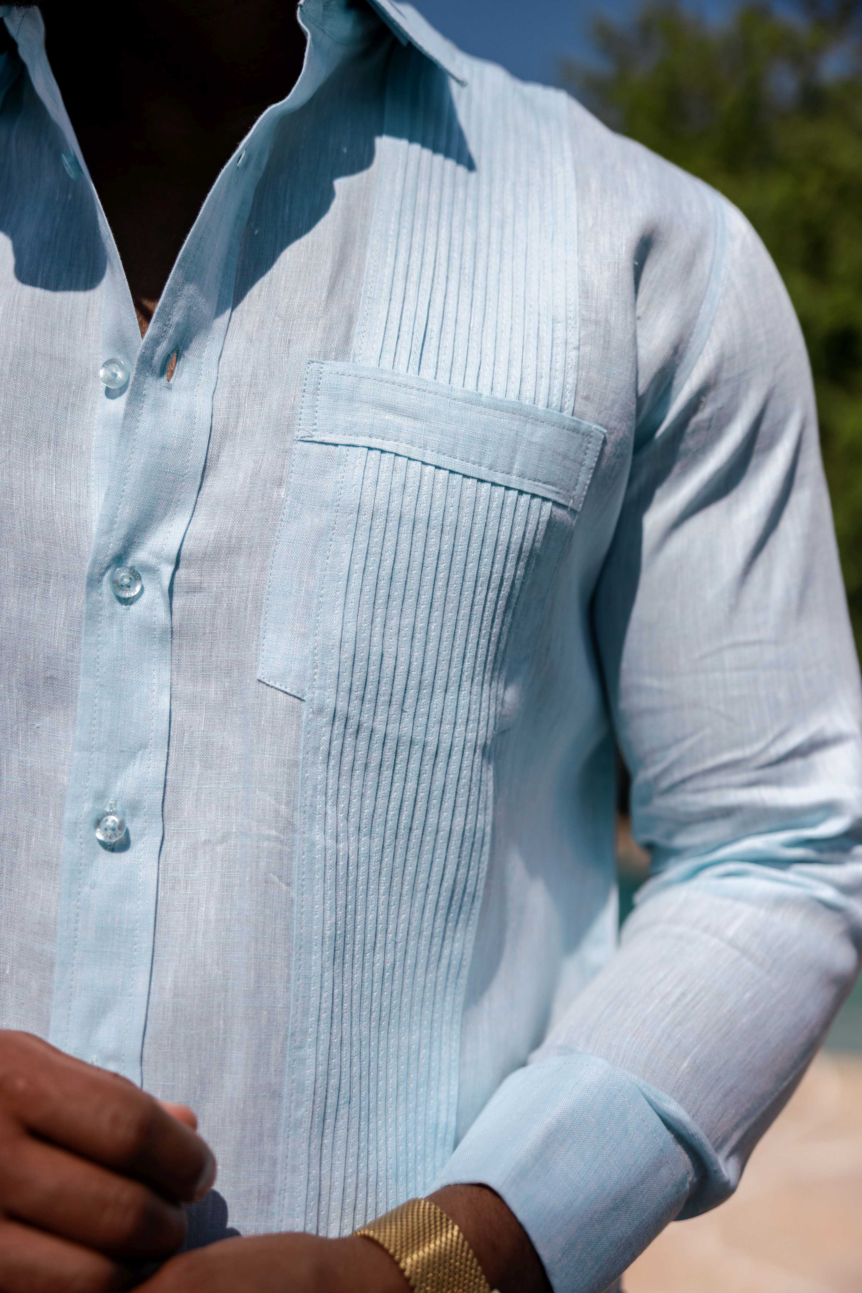 Mojito Men's 100% Linen Guayabera Chacabana Shirt Long Sleeve - Tonal Pleats